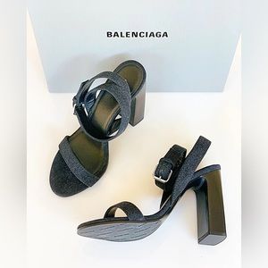 BALENCIAGA WRAPAROUND DENIM BLACK OPEN TOE ANKLE SANDAL HEELS SHOES